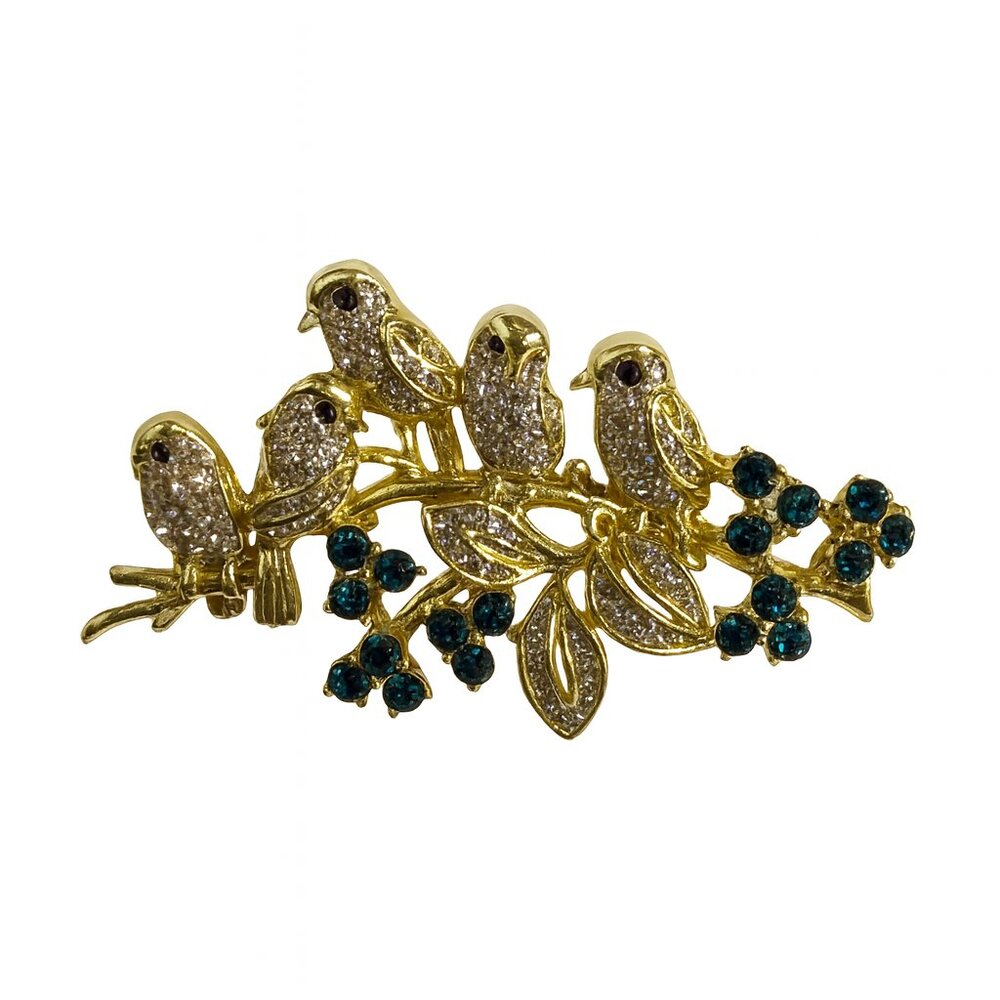 Gold-Tone Rhinestone‎ Bird Brooch – Five Birds on Branch with Green Crystals